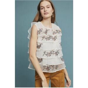 Anthropologie Seen Worn Kept Embroidered Tiered Blouse Top Size XS Petite NWT